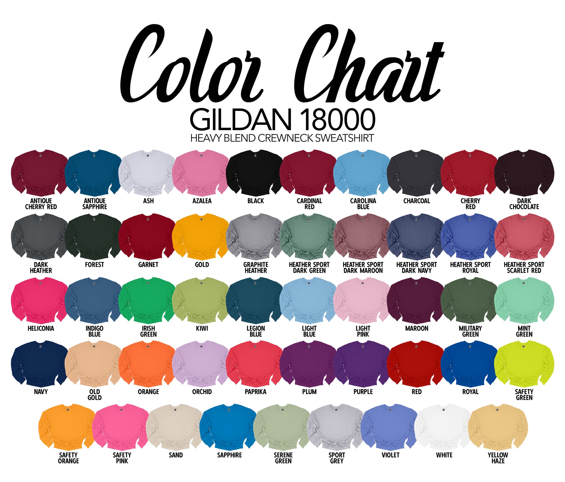 Color chart for Gildan 18000 heavy blend crewneck sweatshirt, displaying various color options.